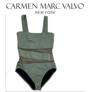 Women's Carmen Marc Valvo Army Green One Piece Mesh Cutout Swimsuit Size 10